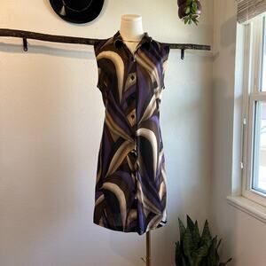 Vintage USA Purple Mod Abstract Sleeveless Semi Sheer Button Front Dress Size L